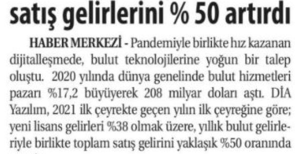 Ticaret Gazetesi: “DİA Yazılım İlk Çeyrekte Satışlarını %50 Artırdı”